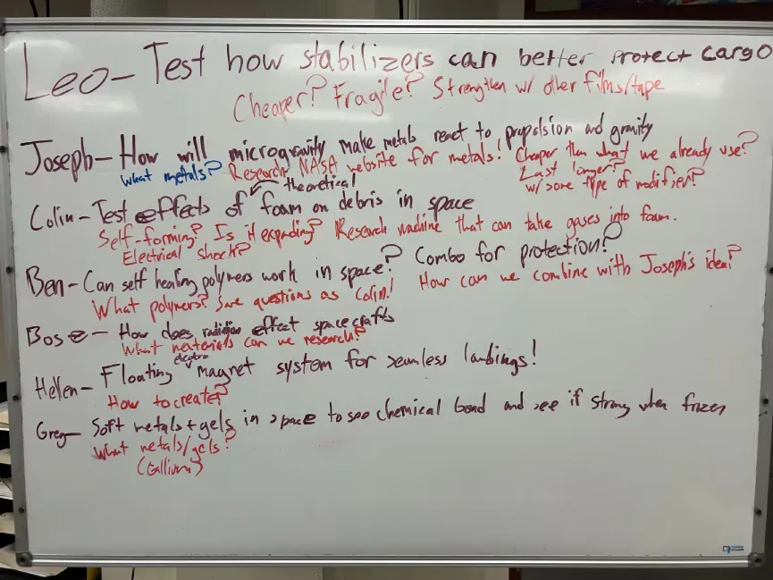 Whiteboard covered in student experiment ideas